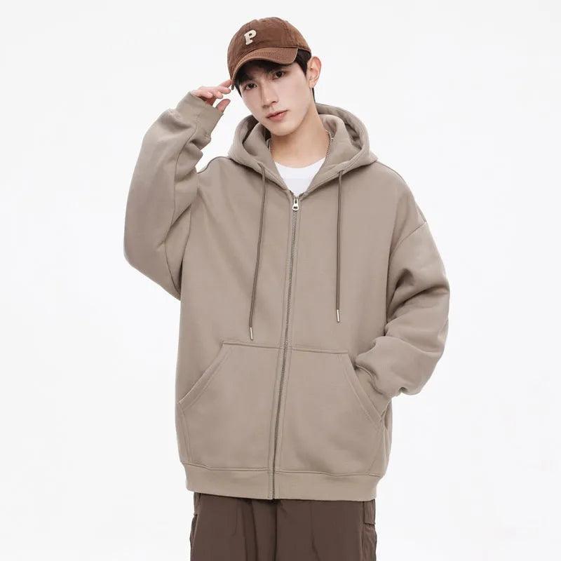 Men's solid colour hooded cardigan sweatshirt in loose fit polyester, front view