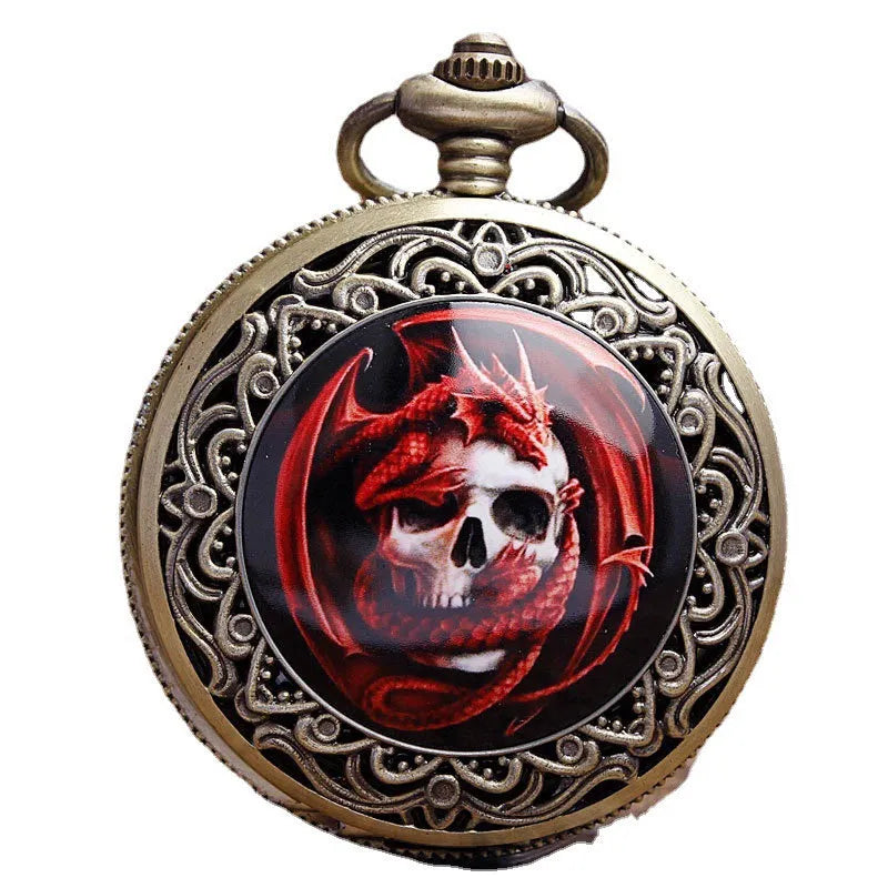 Classical retro ceramic pocket watch in bronze skull finish on a 37.5cm chain