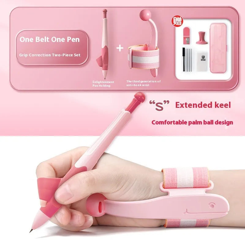 Blue Anti-hook Holder Pen Control Corrector, a wrist brace and pencil grip for children's handwriting.