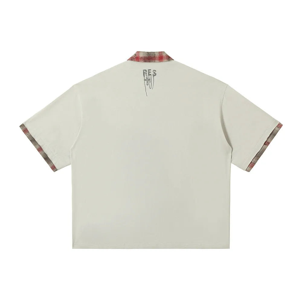 Men's loose fit cotton top with asymmetric design and graffiti printing in blue or red