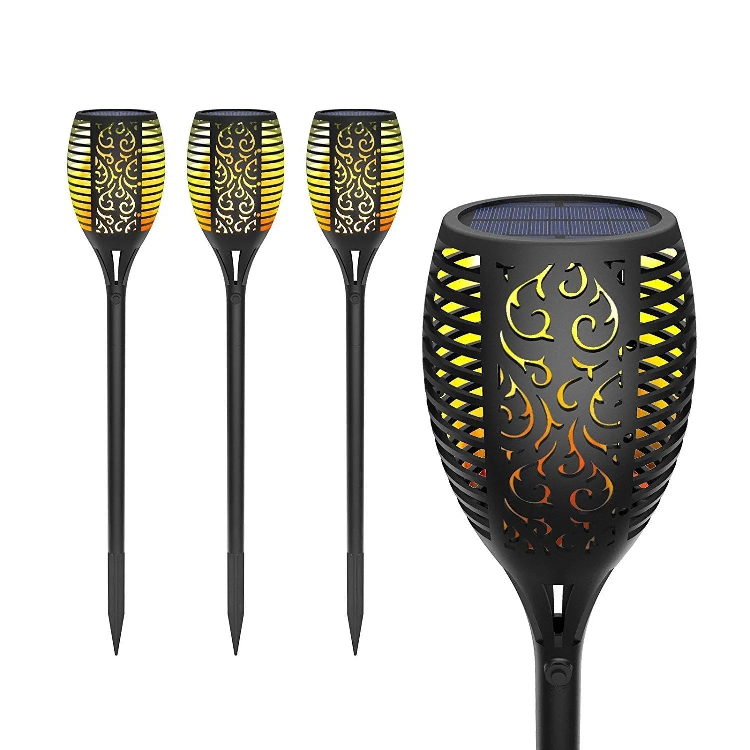 83cm black LED solar flame flickering lawn lamp with realistic dancing warm white light effect and ground spike