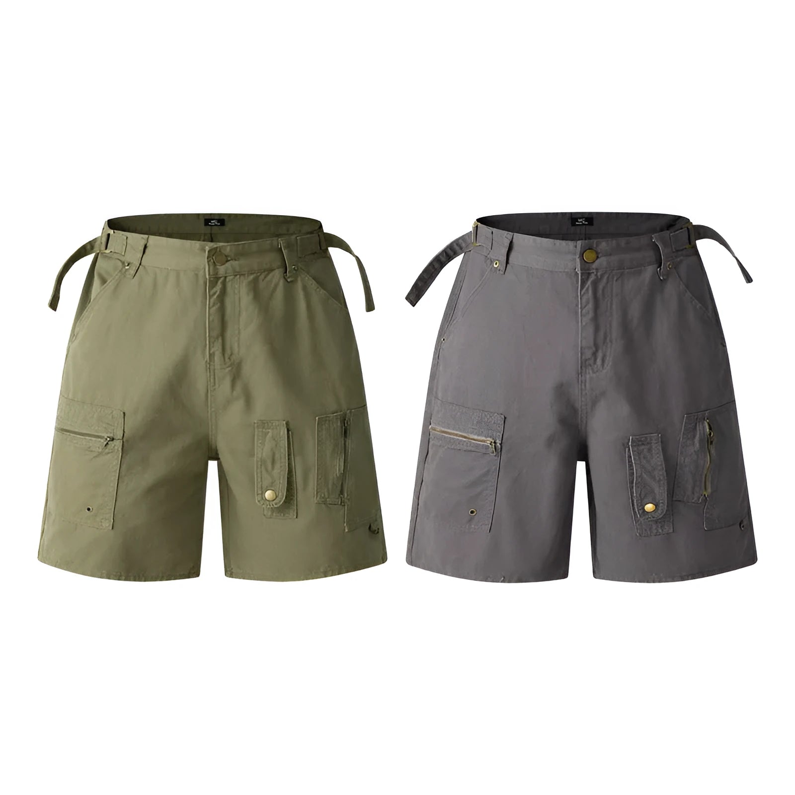Retro loose-fit washed cotton workwear shorts for men and women on a hanger, showing zip fly and fifth-pants length.