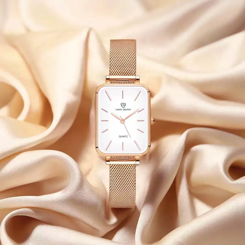Women's waterproof quartz watch with alloy case and woven steel strap in rose gold or silver
