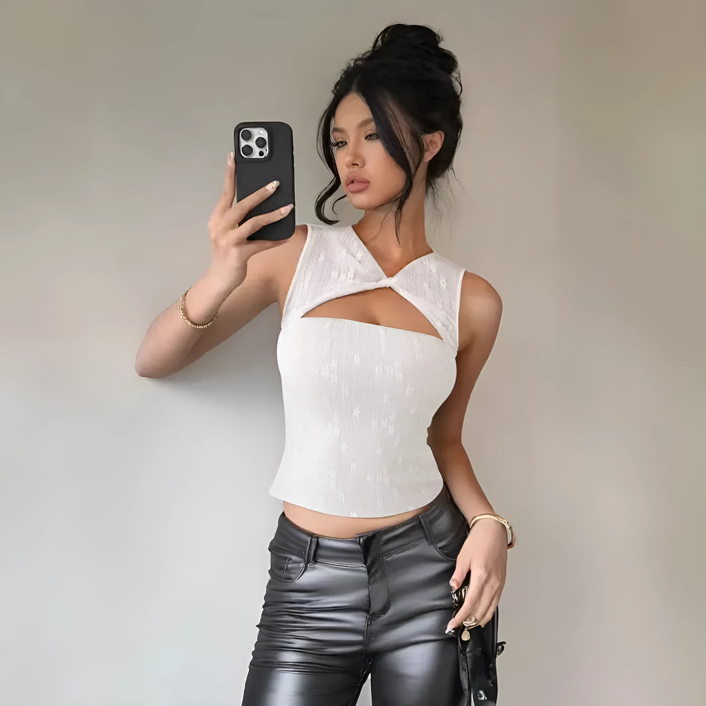 White women's lace patchwork sleeveless top slim fit short 40cm pullover on model