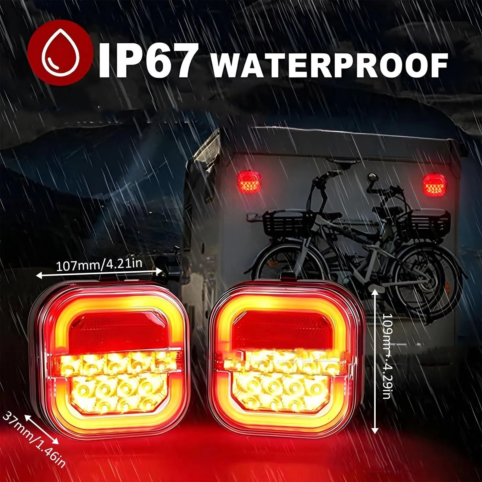 Square LED trailer taillight pair wired light guide option for 12V24V vehicles
