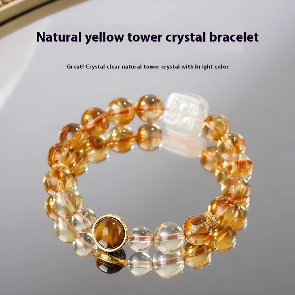 Women's carved citrine bracelet with geometric patterns on 10mm crystal beads in ethnic style
