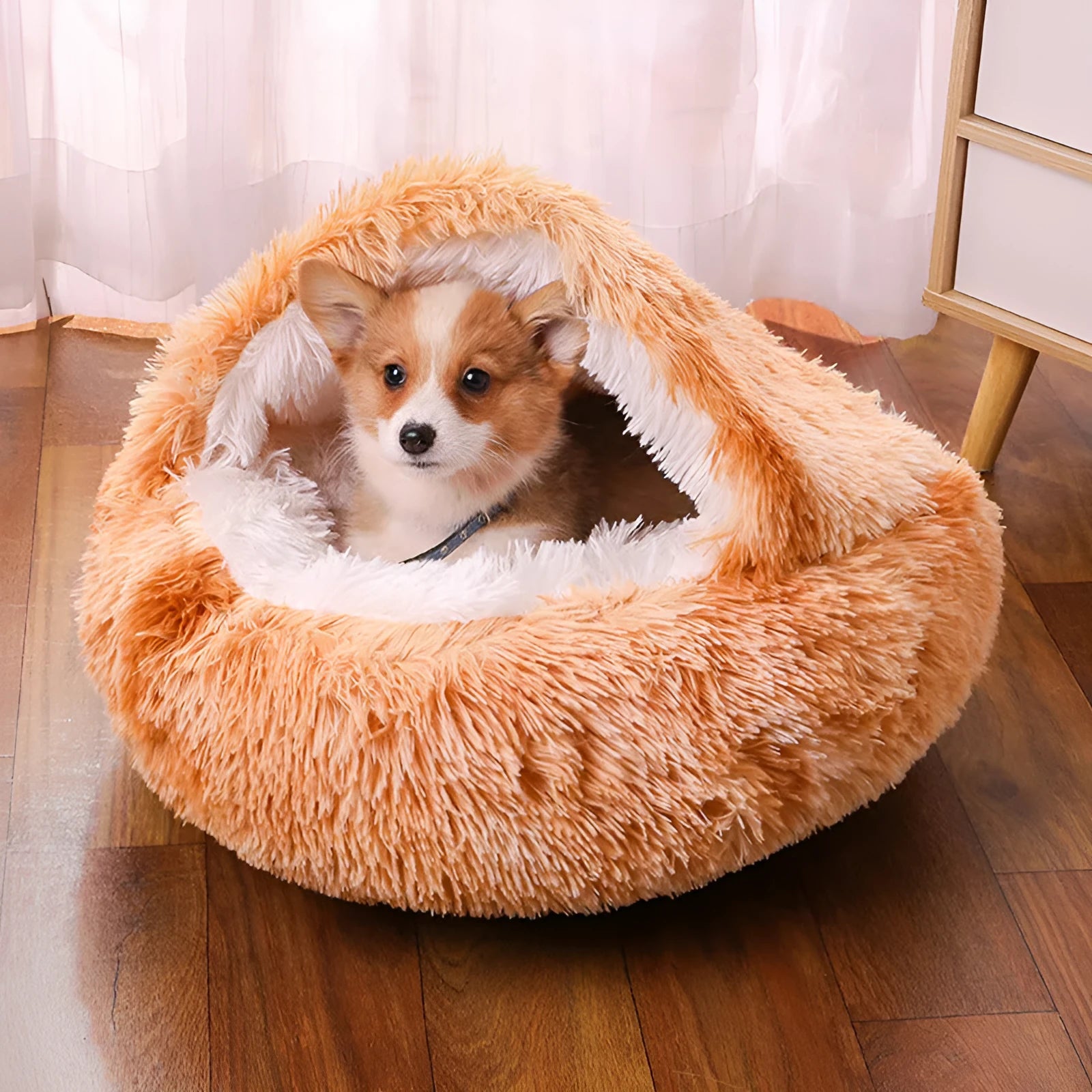 Semi-surrounded soft cloth dog kennel in champagne colour with a removable cushion inside.