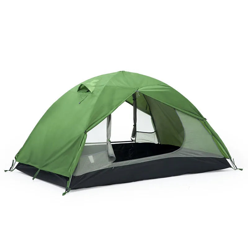 Portable 1-2 person outdoor hiking tent with aluminium rods in Harano Green, set up outdoors