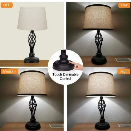 European style alloy touch sensing bedside table lamp showing dimmable cold and warm light options with USB socket