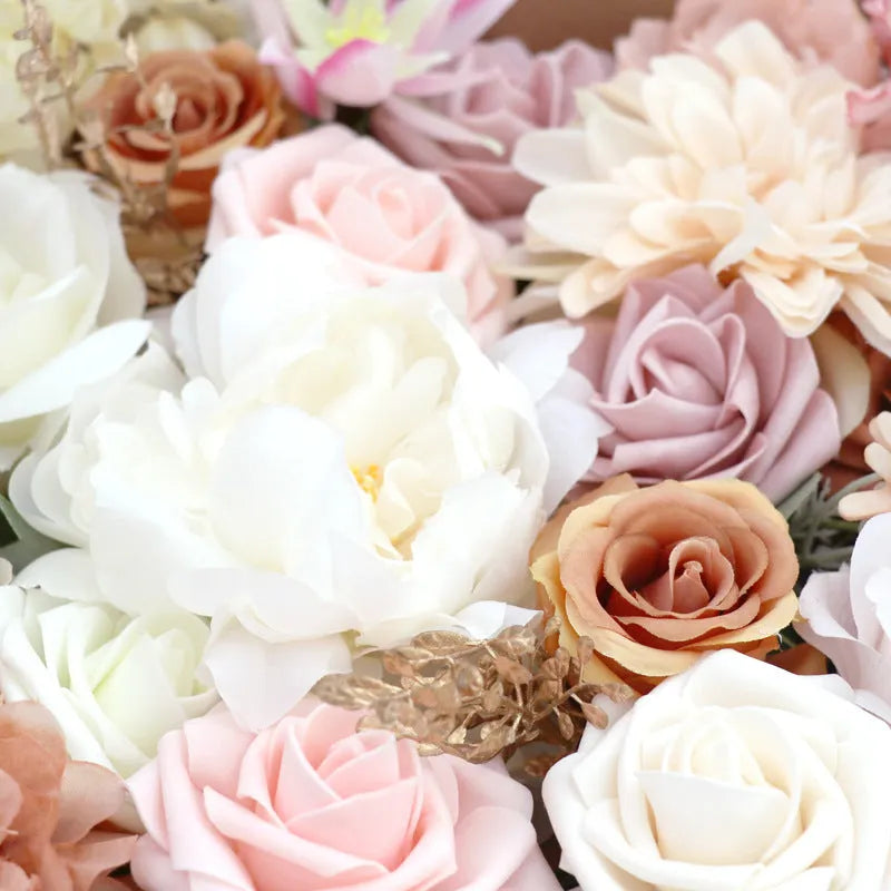 Silk flower bouquet in Lotus Pink Champagne Rose gift box with half-handmade arrangement on white background.