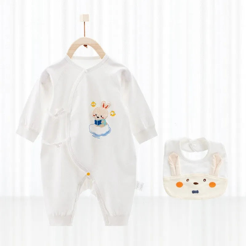Baby one-piece cotton romper in white with short sleeves, suitable for newborns up to 66cm