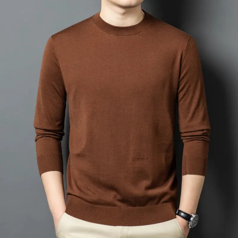 Men's round neck wool T sweater with long sleeves in mulberry silk fabric available in multiple colours