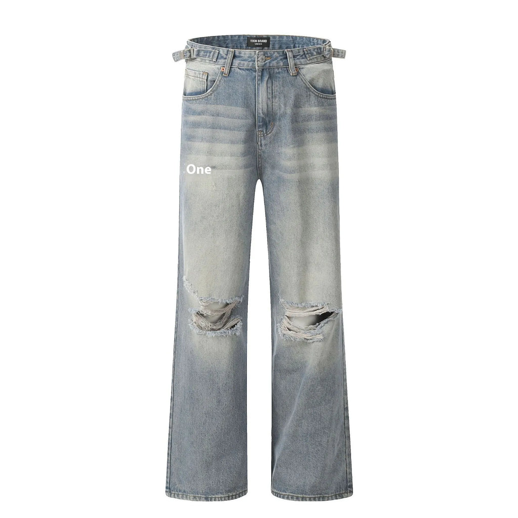 Blue men's straight-leg jeans with a distressed retro finish and a zipper fly.