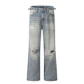 Blue men's straight-leg jeans with a distressed retro finish and a zipper fly.