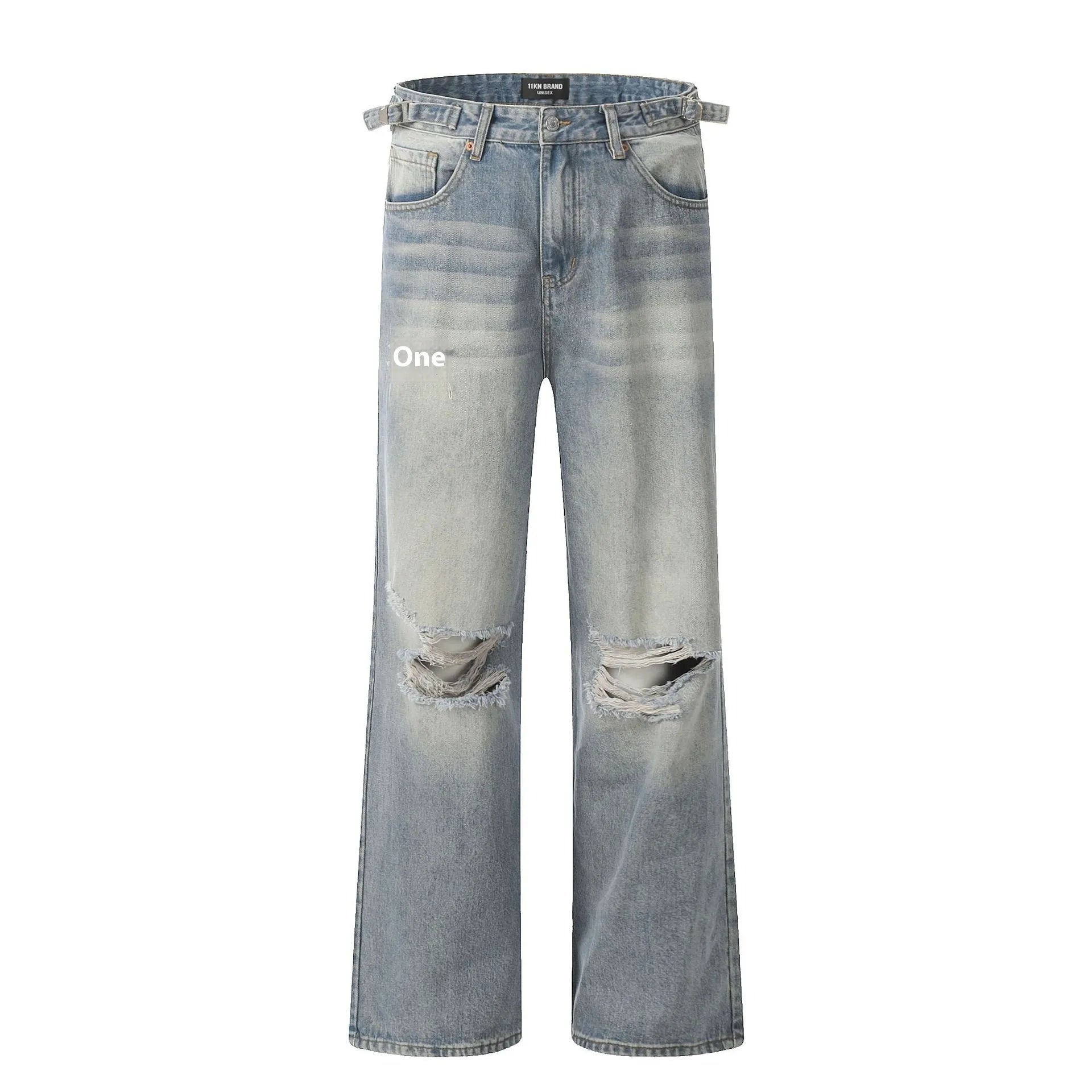 Blue men's straight-leg jeans with a distressed retro finish and a zipper fly.