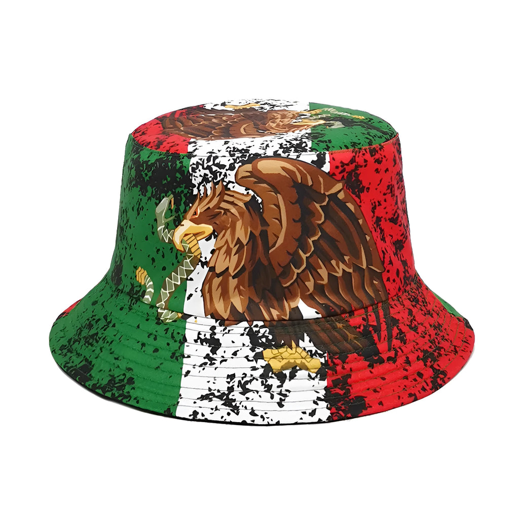 Retro style bucket hat with eagle pattern, dome crown, made from polyester fabric.