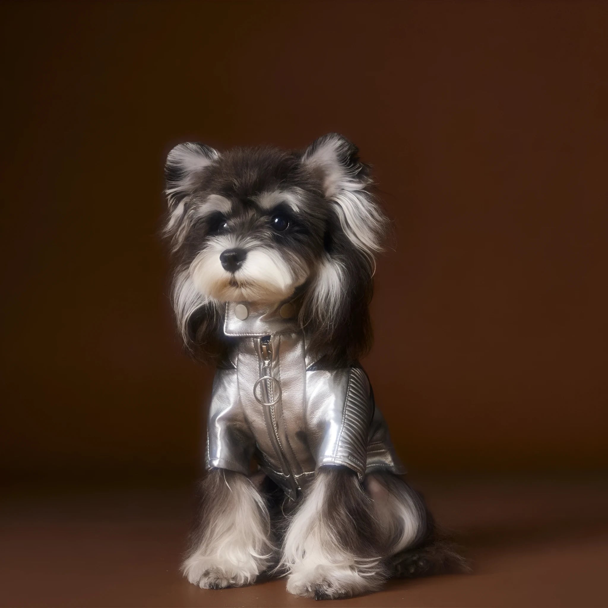 Distressed silver leather pet coat on a dog, size XS to XXL, 50% PU 50% viscose