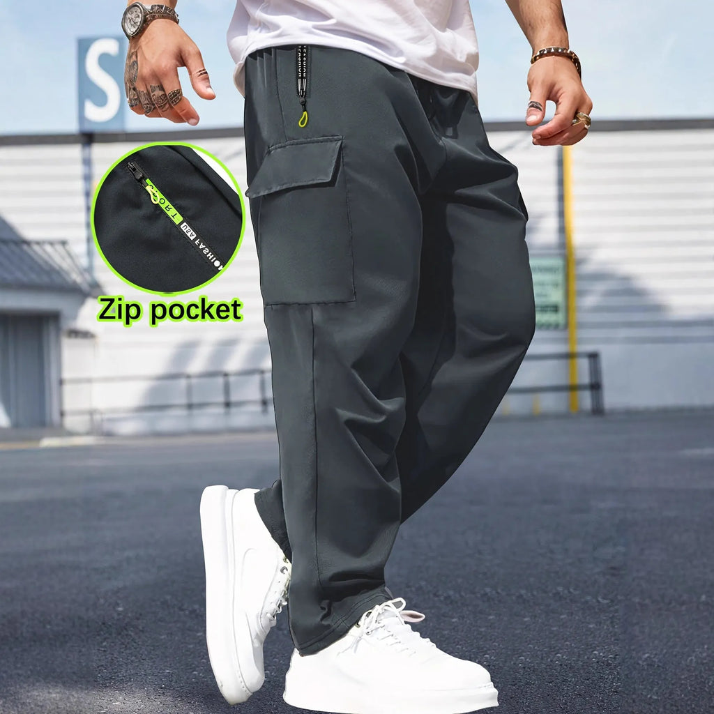 Men's retro cargo pants straight leg drawstring wrinkle-free polyester black gray dark blue military green autumn