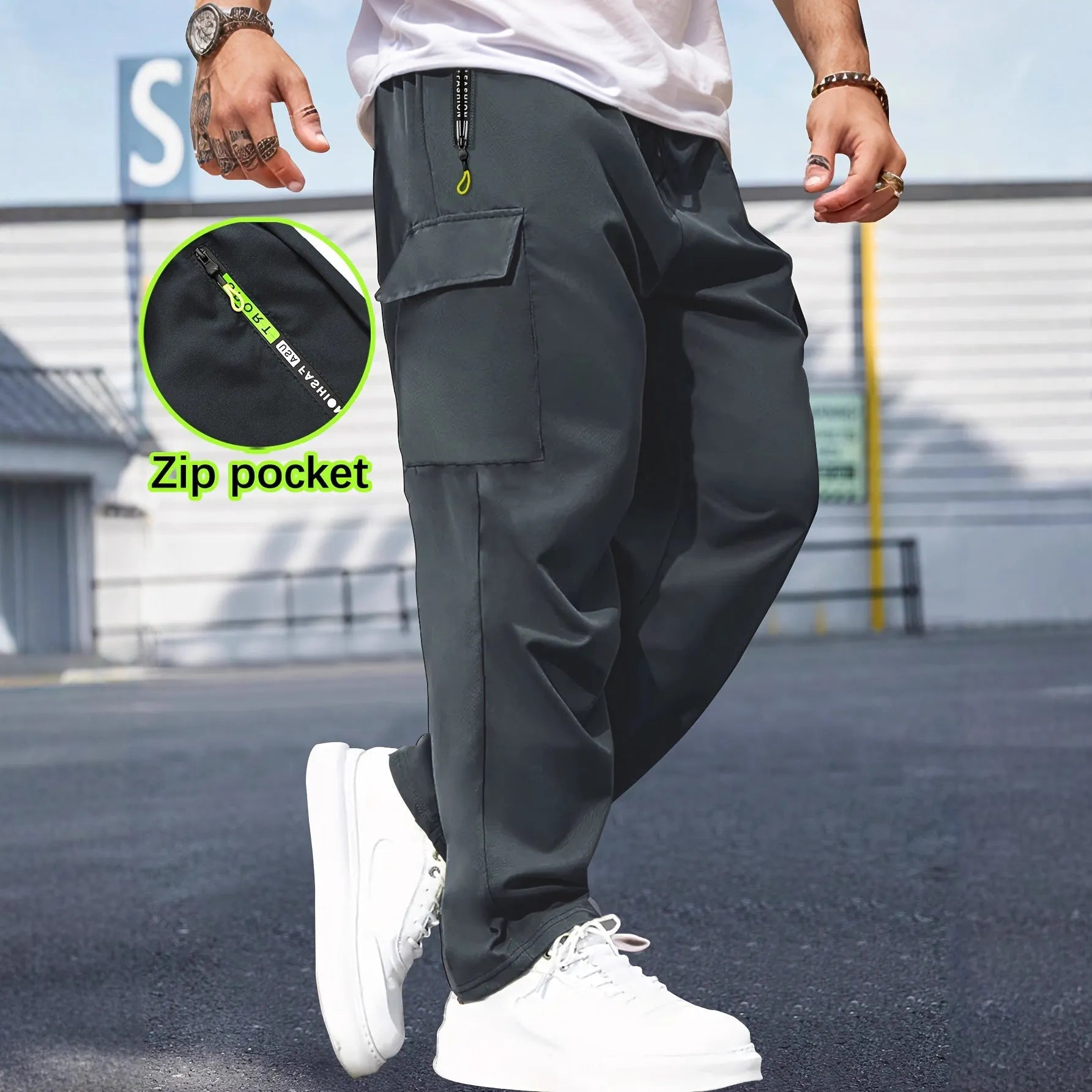 Men's retro cargo pants straight leg drawstring wrinkle-free polyester black gray dark blue military green autumn