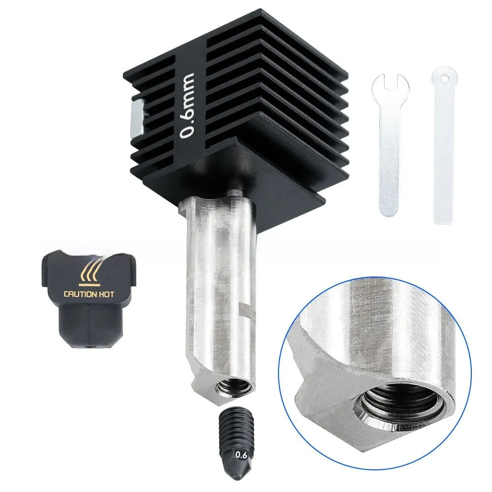 Hardened steel hot end nozzle kit with four sizes for Bambu Lab A1 Mini 3D printer, includes black silicone sleeve.