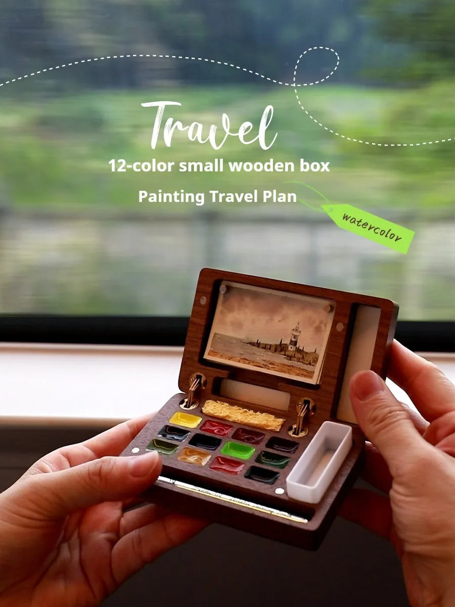 Mini walnut wooden watercolour paint box with professional pigment suit inside