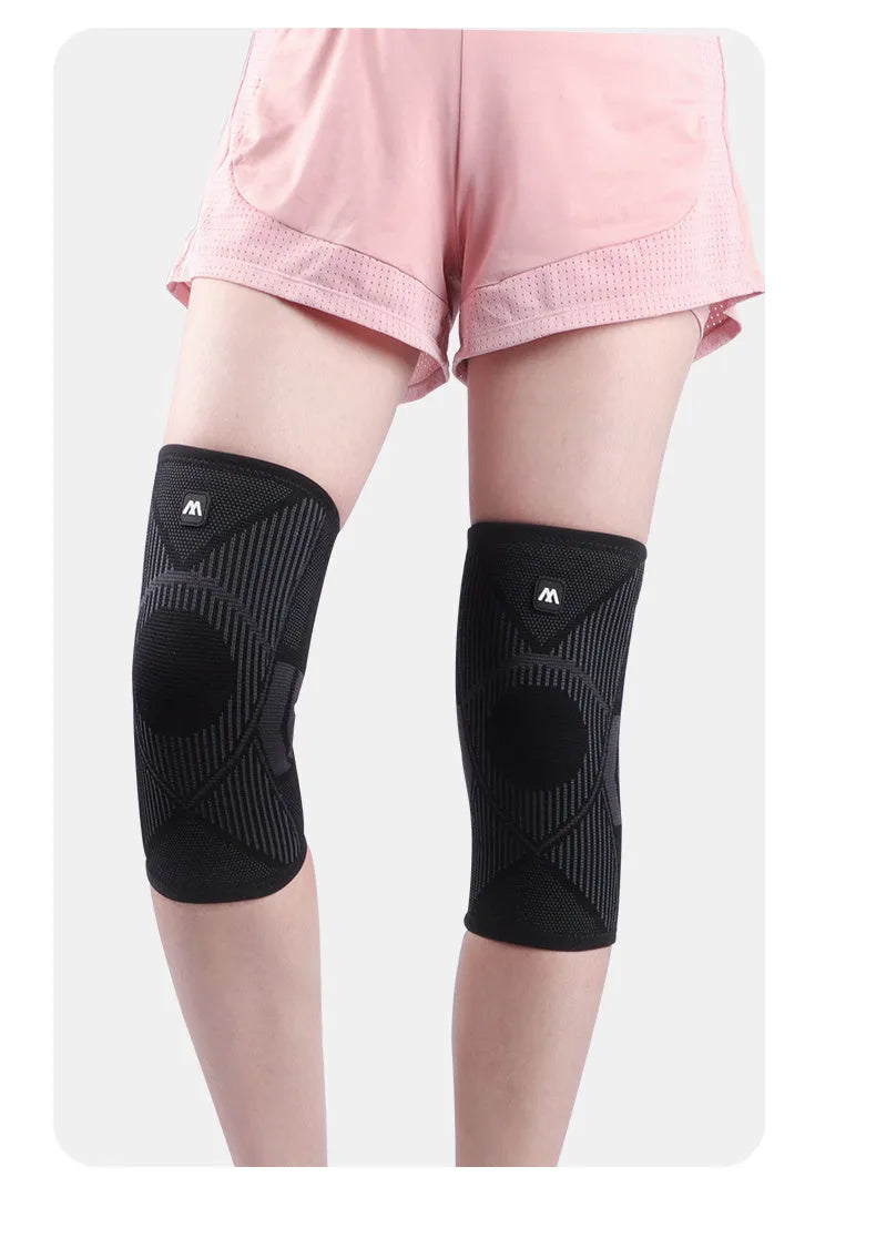 Knee compression sleeve with non-slip silicone stripes for knee pain relief and recovery, black, side view
