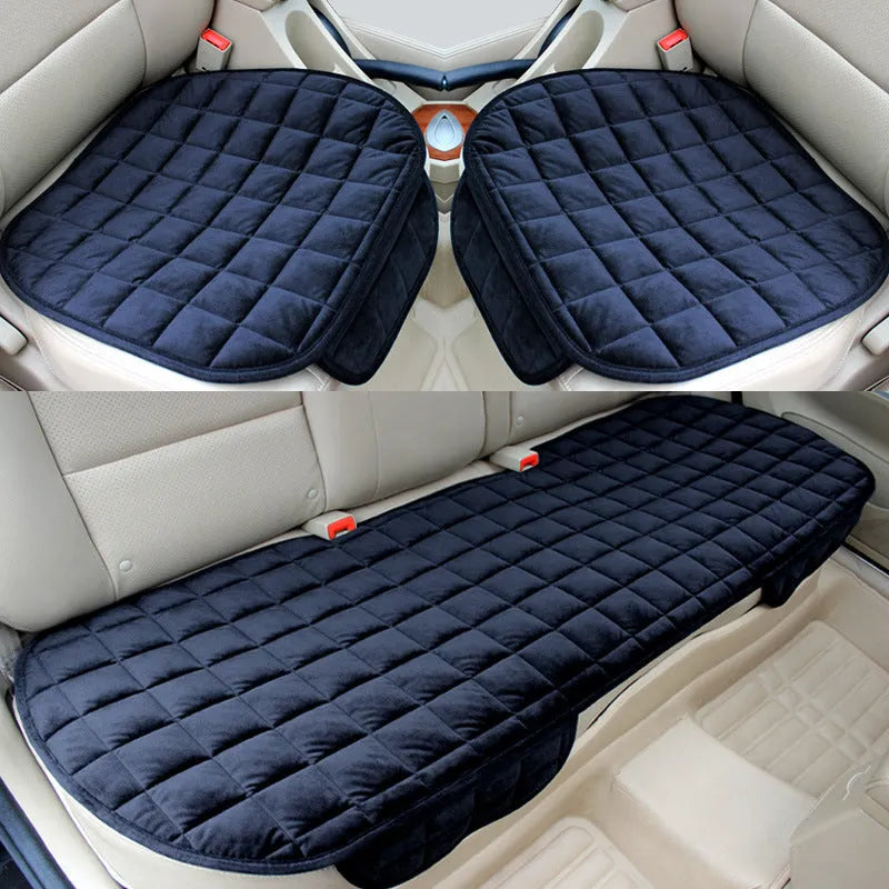 Checkered embroidered plush non-slip car seat cushion in beige with cotton fabric, three-piece set