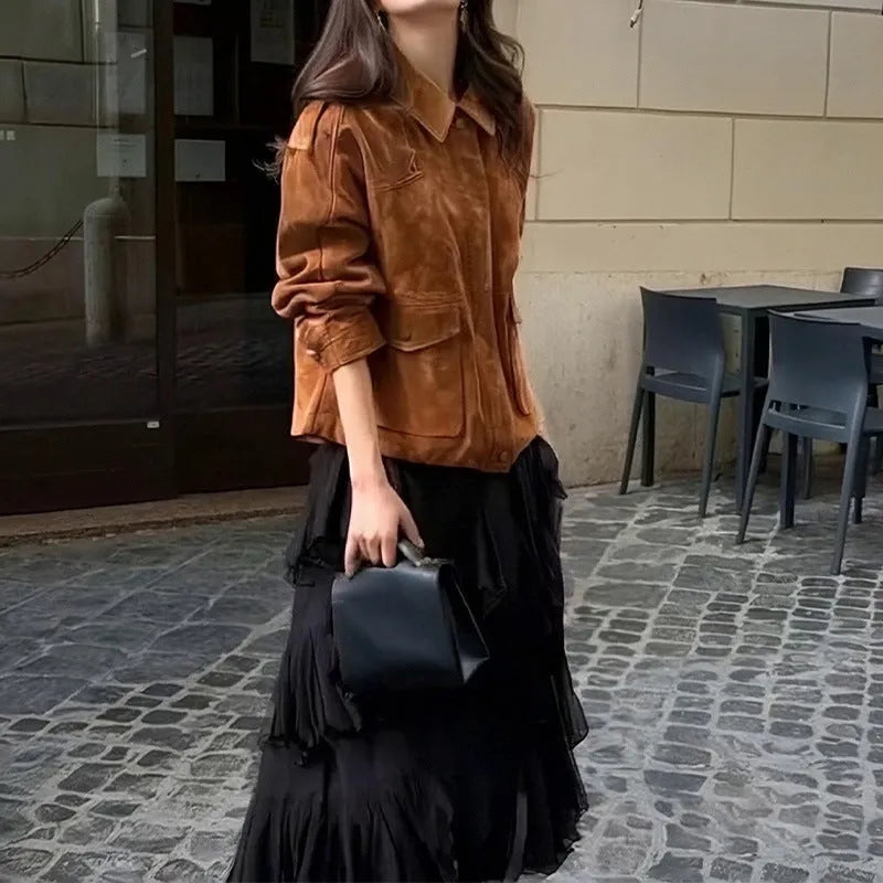 Women's brown suede coat with regular sleeves in street chic style