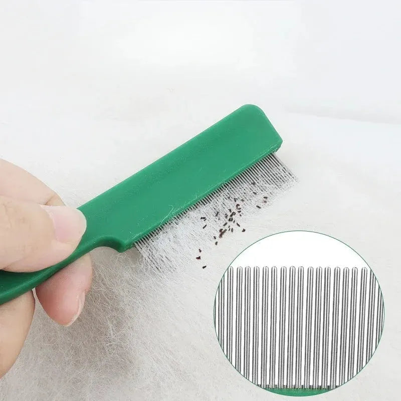 Green pet flea comb with stainless steel pins and plastic handle for dog and cat grooming