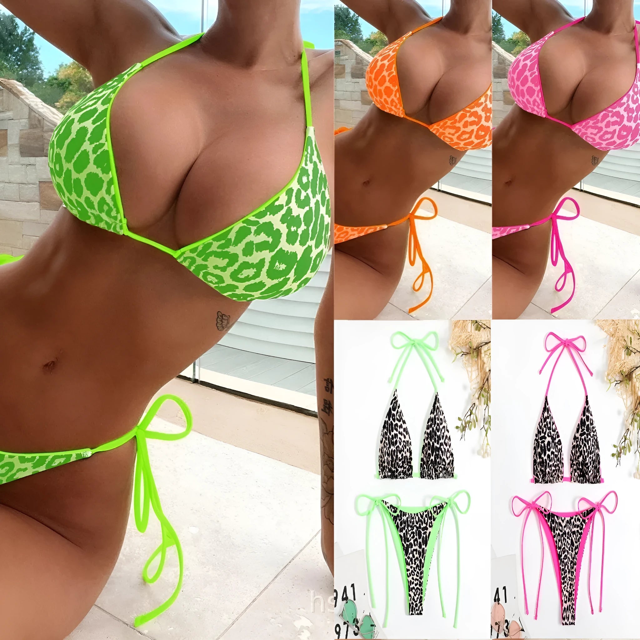 Women's triangle bikini top with back lace-up ties and split-side briefs in polyester fabric