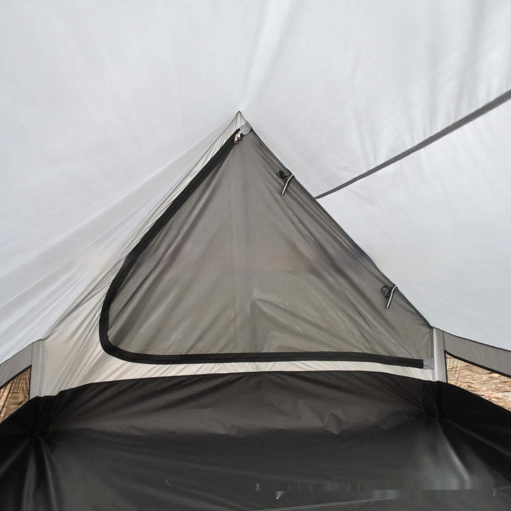 Brown or white A-line hiking tent pitched with hiking poles showing 210x150x110cm dimensions