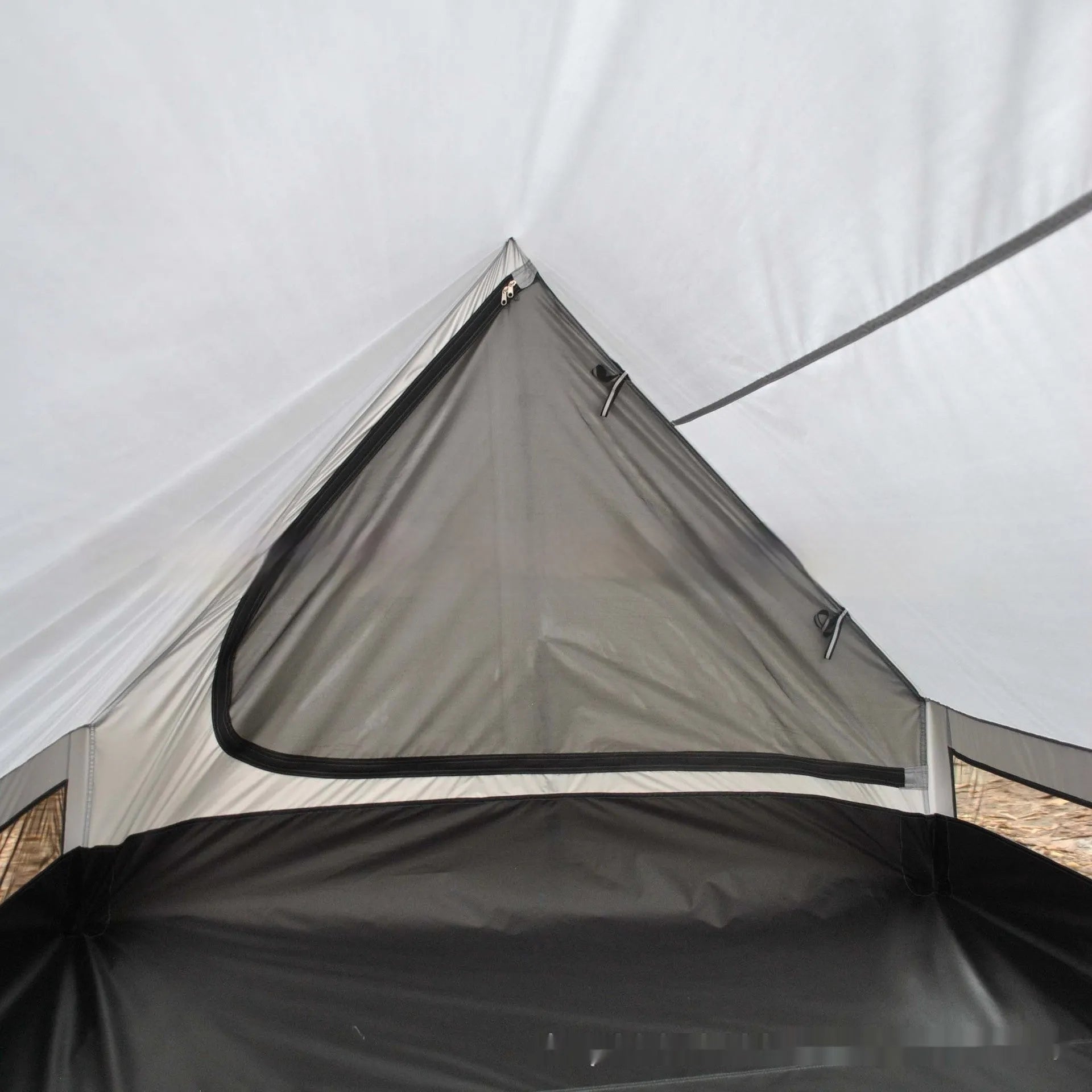 Brown or white A-line hiking tent pitched with hiking poles showing 210x150x110cm dimensions
