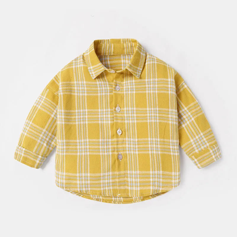 Boy's khaki lattice print cotton long sleeve casual shirt on a hanger