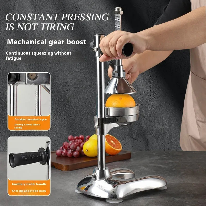 Stainless steel manual vertical citrus juicer on a kitchen counter, shown in a selected colour with a pointed tip head.