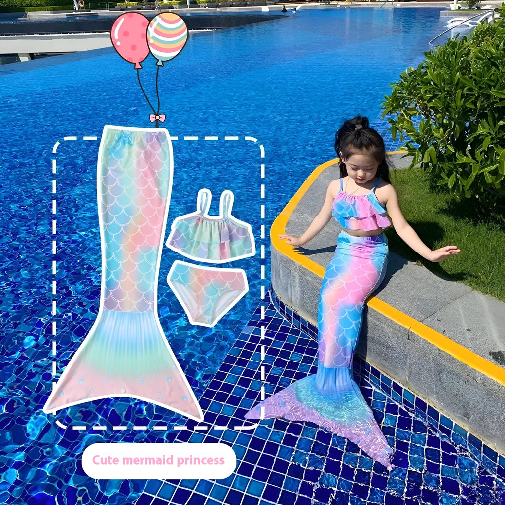Children's swimsuit bikini with fish tail skirt in dark pink, polyester fabric, sizes 90-160