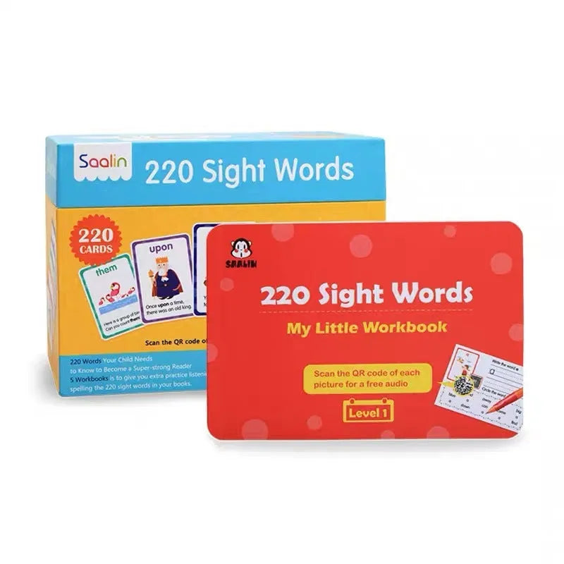 Early learning flashcard set showing 220 high frequency word cards and five phonics workbooks for age 3+.