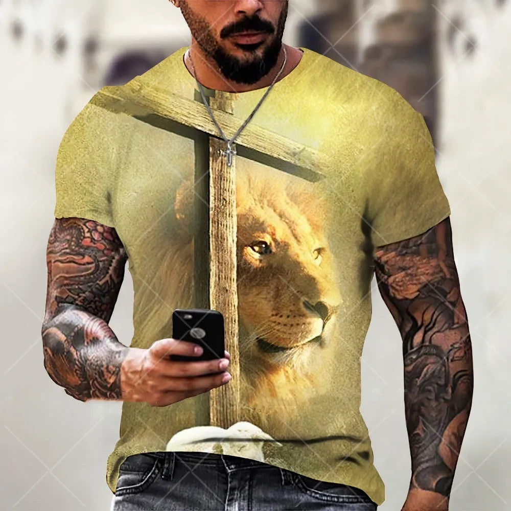 Front view of a men's grey t-shirt with a 3D printed Jesus pattern on the chest.