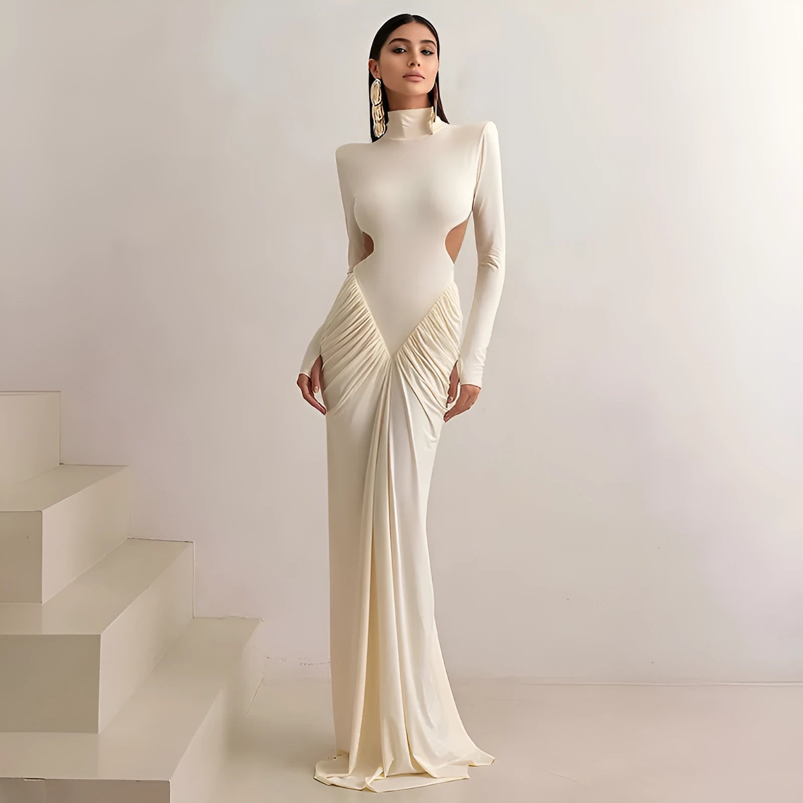 Long sleeve high collar backless pleated dress in solid colour options