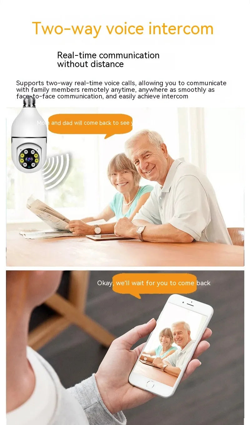 Wireless bulb camera with plastic and metal housing measuring 5cm by 12cm for indoor and outdoor monitoring