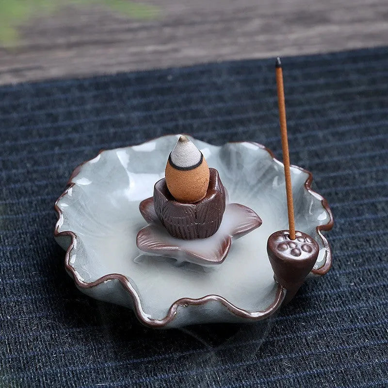 Square purple clay ceramic incense burner with reverse flow design and lotus decoration
