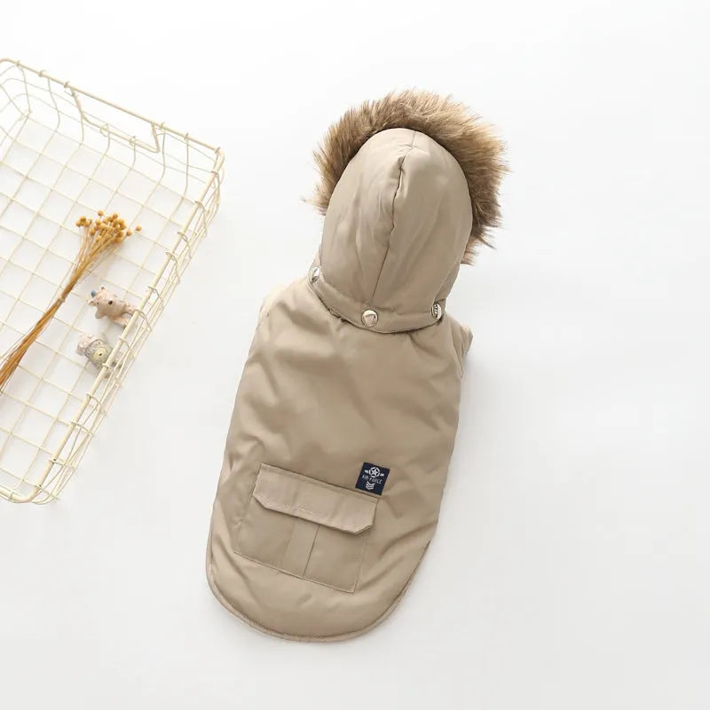 Hooded cotton dog coat in beige with hood, on a neutral background, showing full body coverage