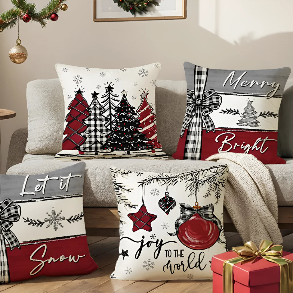 Printed Christmas cushion cover with Merry Christmas design, 45x45cm, on a sofa