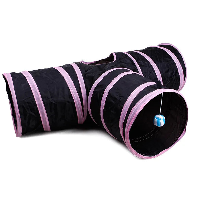 Foldable blue pet tunnel with steel wire frame and multiple openings for small animals