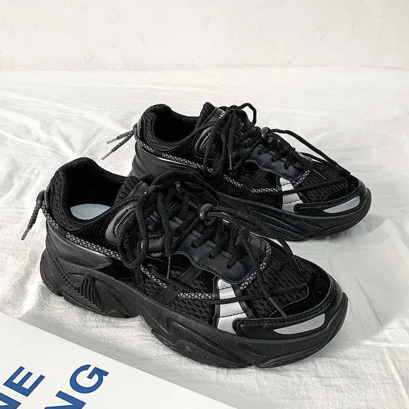 Men's white platform dad shoes with thick sole and lace-up front, Korean style.