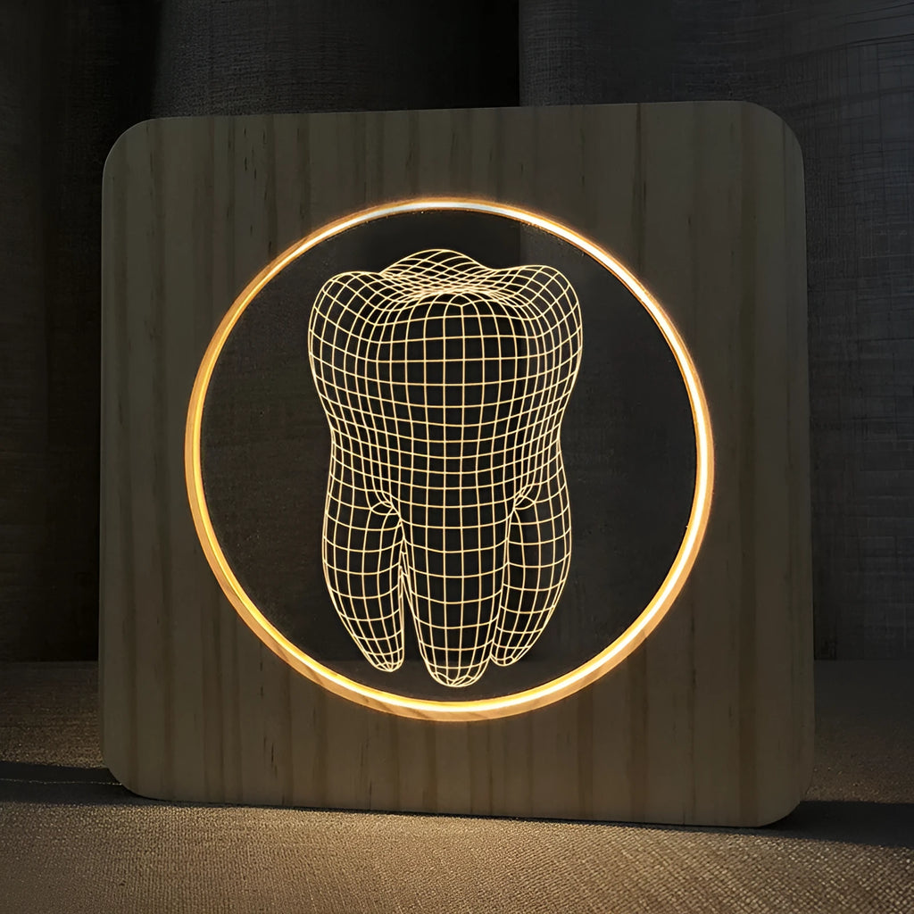 Tooth-shaped wood acrylic USB night lamp showing log colour finish and compact 190x190x30mm dimensions