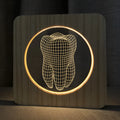 Tooth-shaped wood acrylic USB night lamp showing log colour finish and compact 190x190x30mm dimensions
