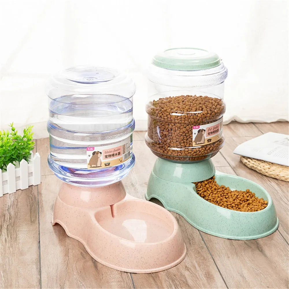 Automatic pet feeder and cat drinker set with plastic feeding trough and drinking trough in grey