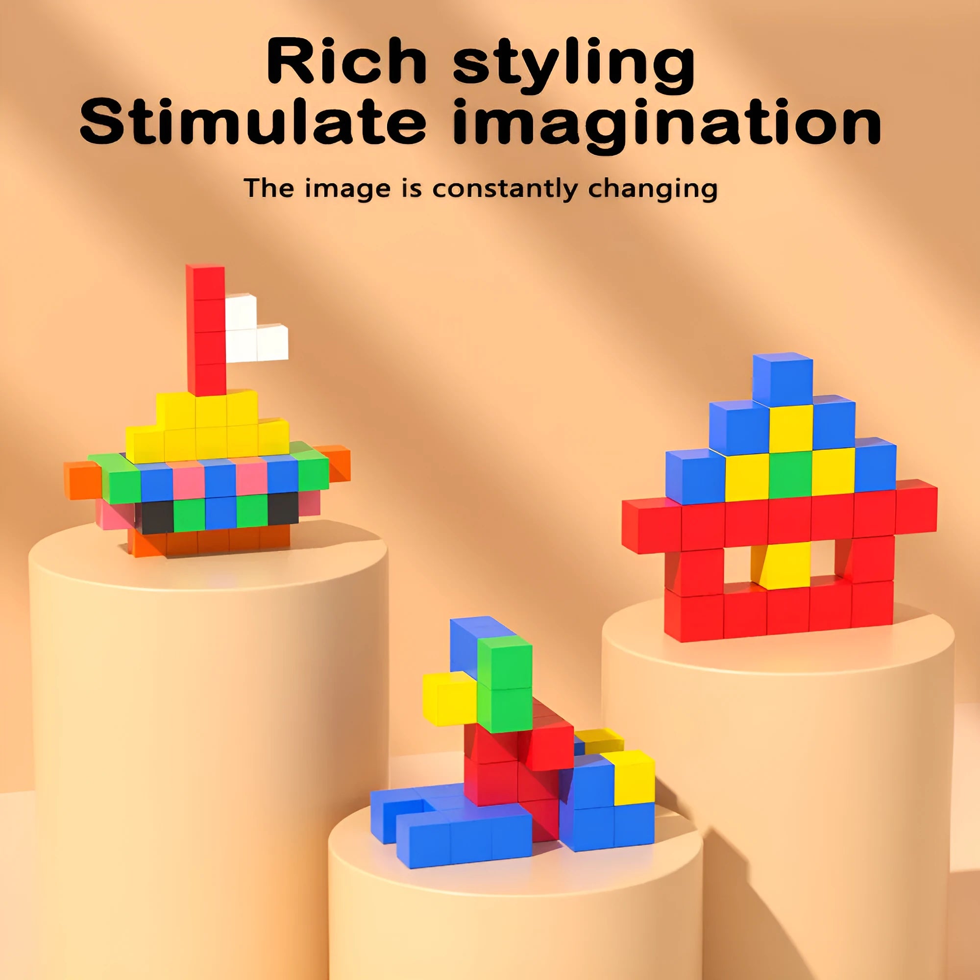 Magnetic cube building blocks set in solid colours, plastic material, 19 by 2.8 by 10 cm colour box packaging