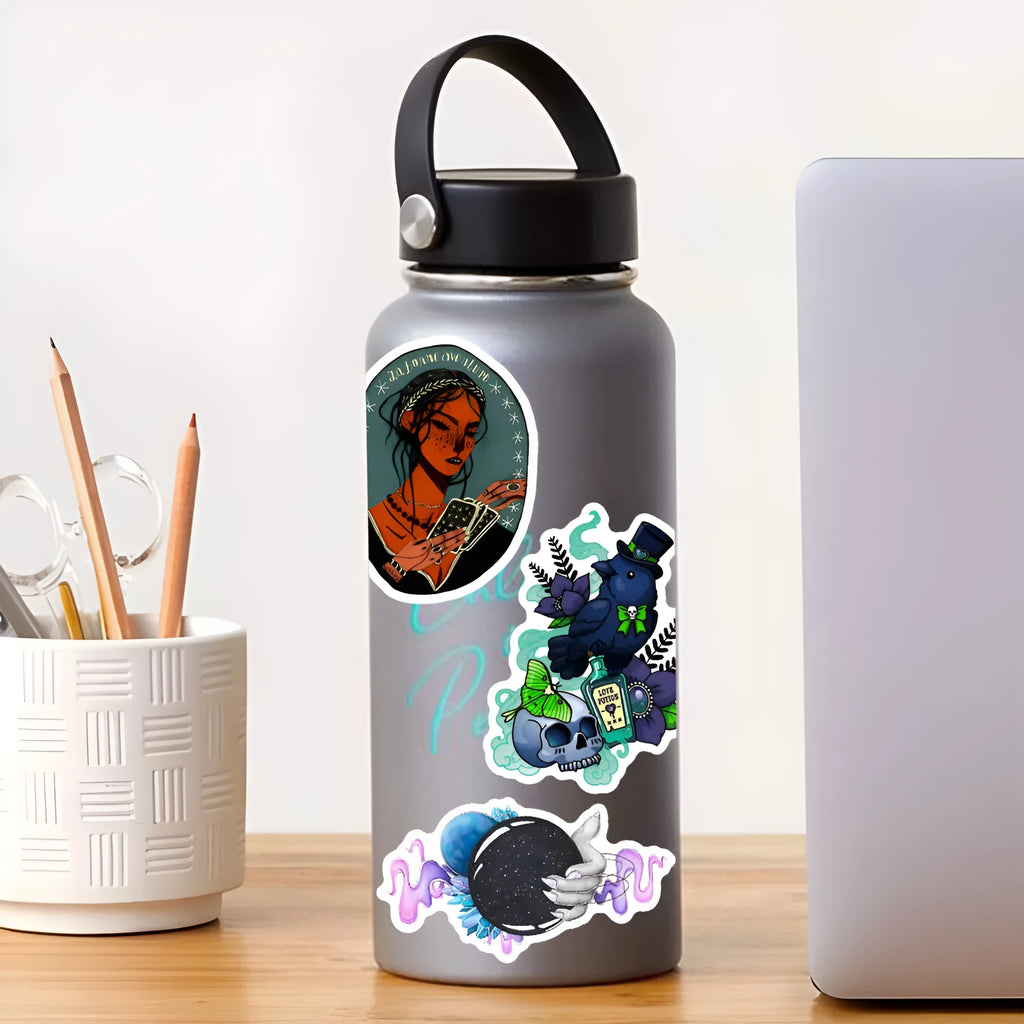 Pack of 50 assorted glossy waterproof PVC stickers for laptops and smooth surfaces.