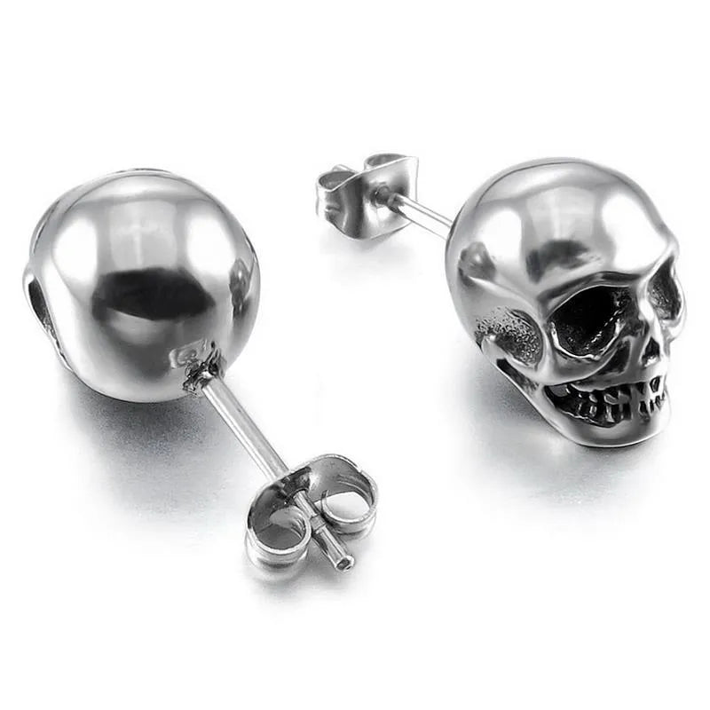 Small skull stud earrings white copper push-back fastening black silver colour unisex punk style